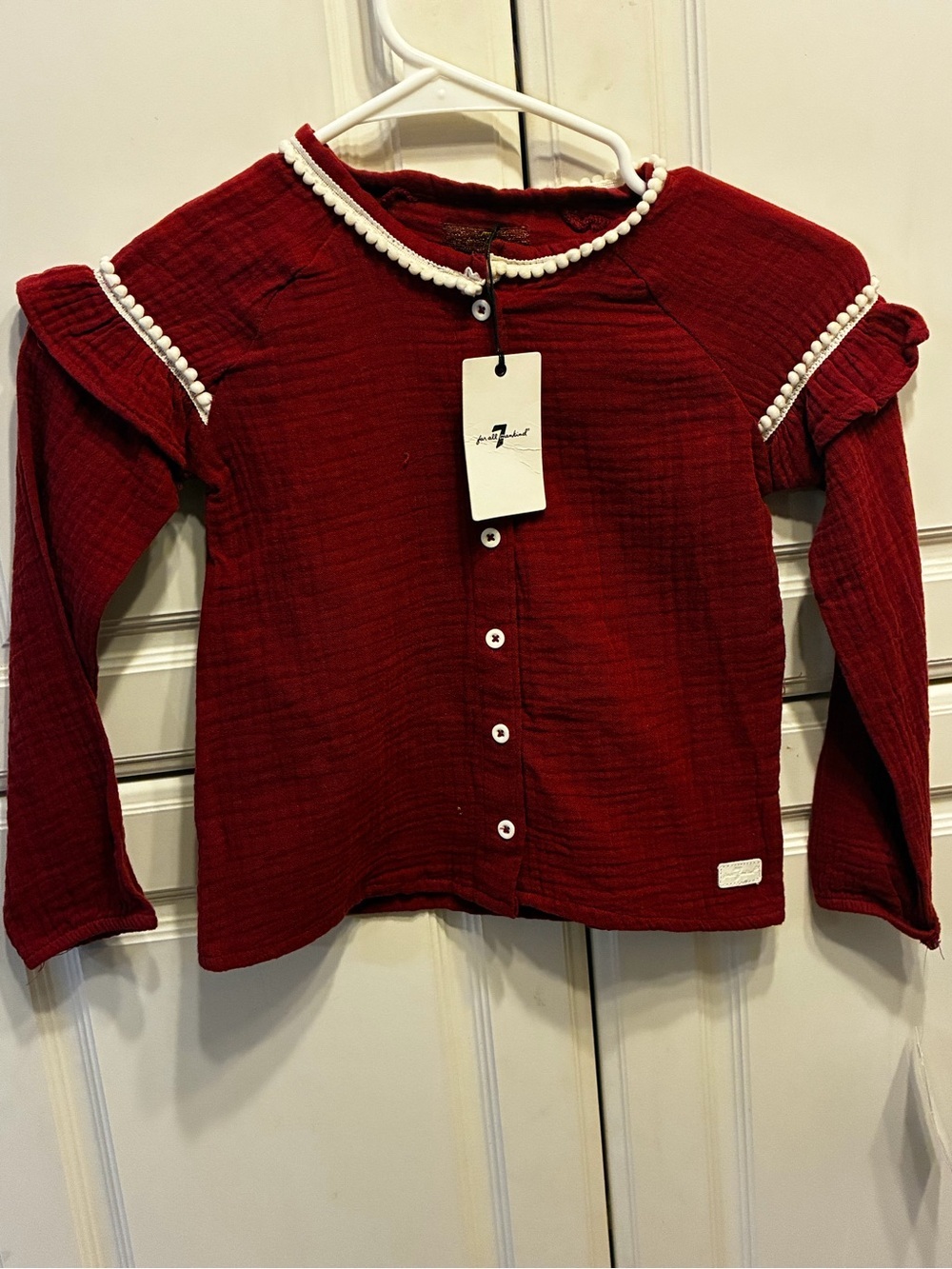 7 For All Mankind girl's Merlot white pom-pom trim & ruffled shoulders shirt